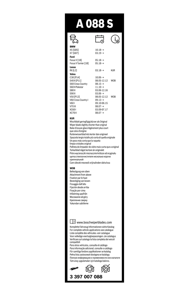 3397007088 Bosch Pióro wycieraczki szyby przedniej, zestaw (2 szt.)