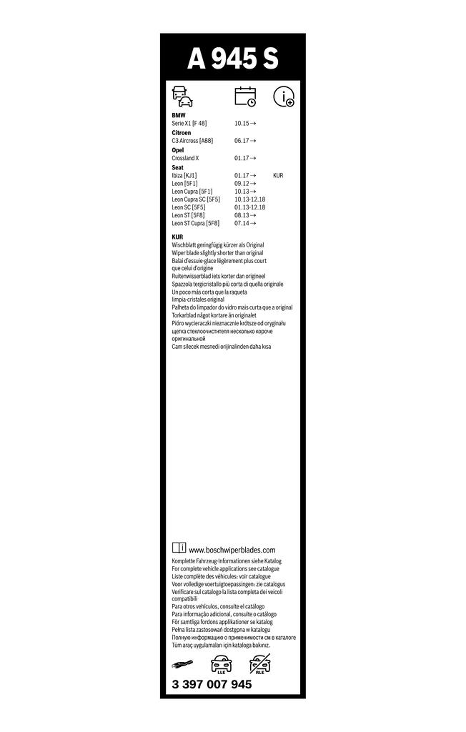 3397007945 Bosch Pióro wycieraczki szyby przedniej, zestaw (2 szt.)