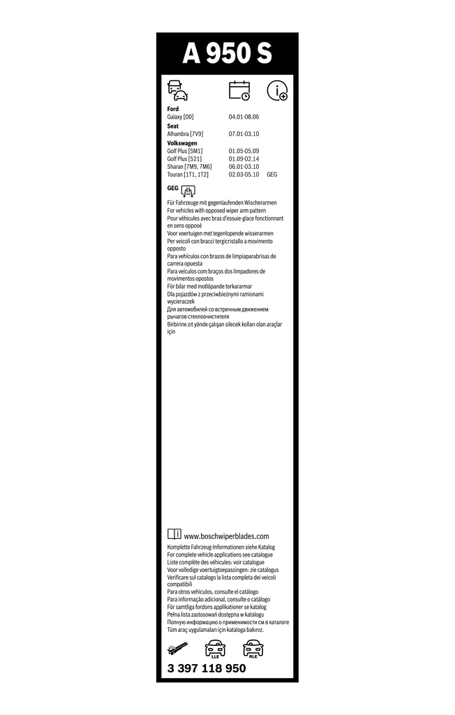 3397118950 Bosch Pióro wycieraczki szyby przedniej, zestaw (2 szt.)