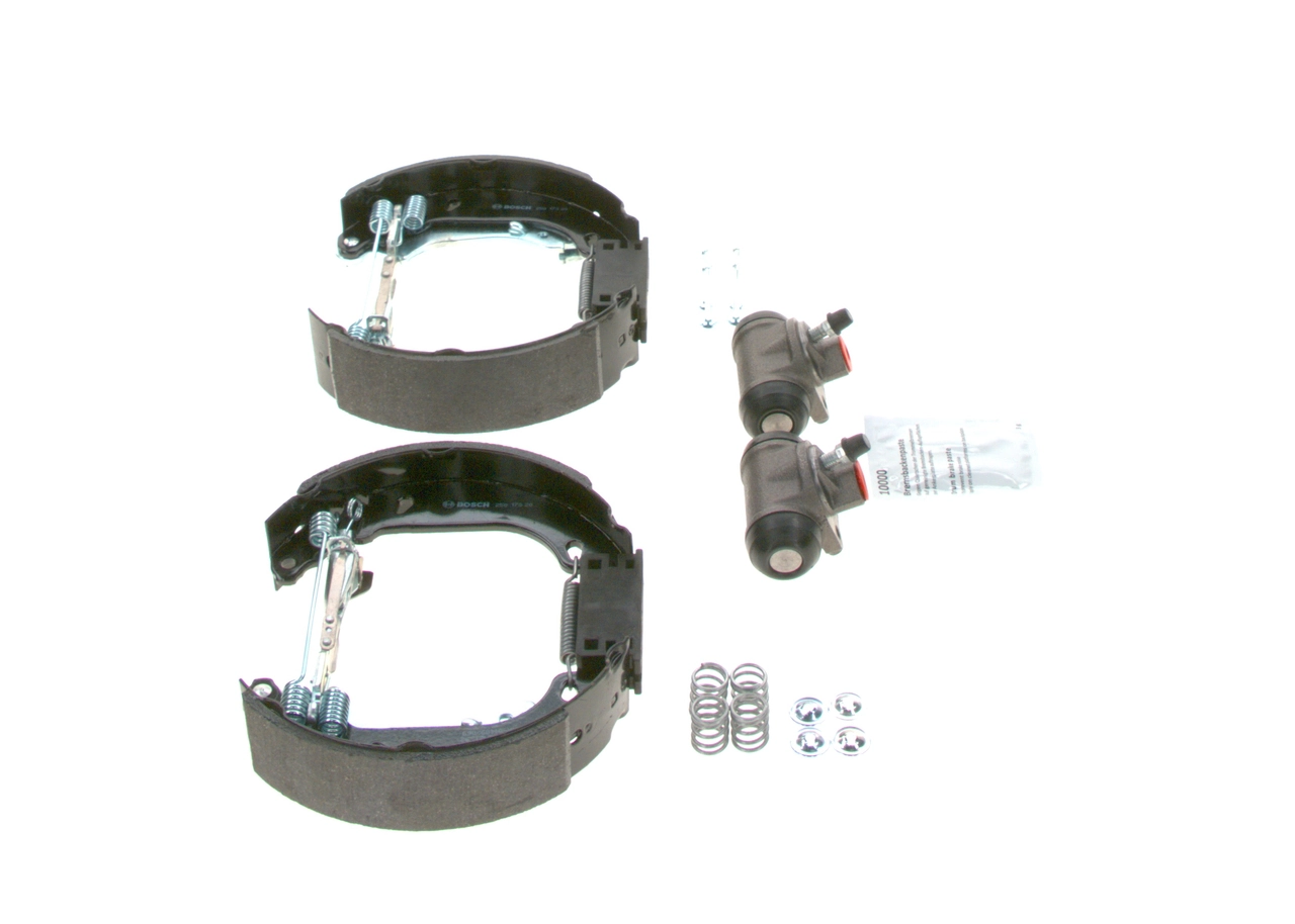 Do koszyka 0204114073 Bosch Klocki hamulcowe tylne bębnowe, kompletne z cylindrami, zestaw