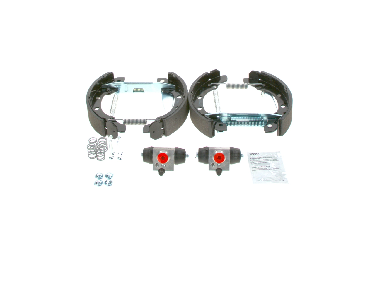 Do koszyka 0204114579 Bosch Klocki hamulcowe tylne bębnowe, kompletne z cylindrami, zestaw