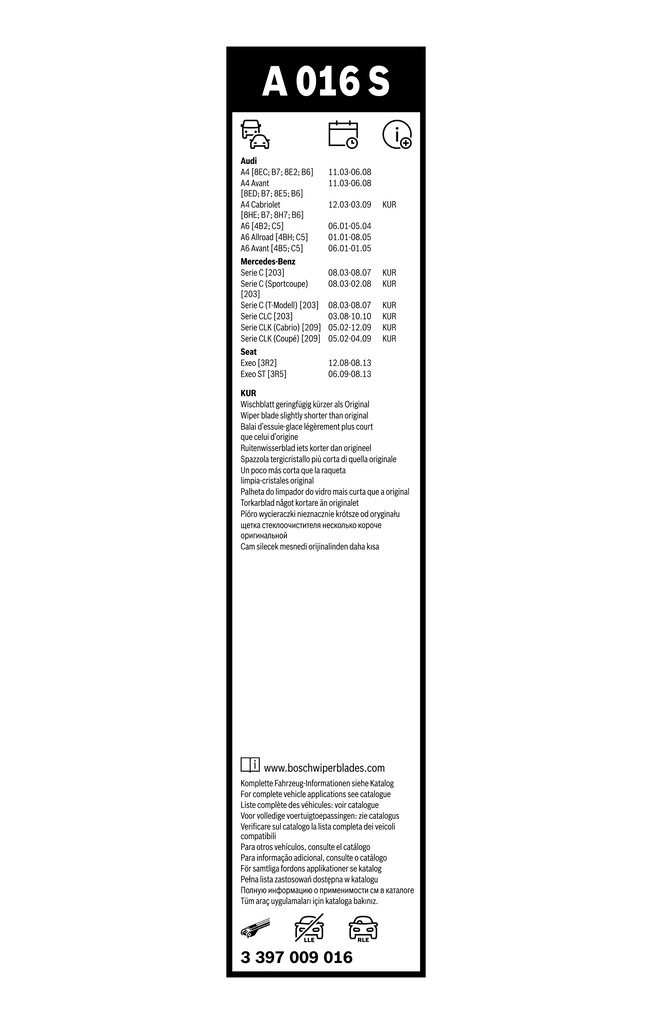 Pióro wycieraczki szyby przedniej kierowcy Bosch 3397009016 cena, od 44,02 USD