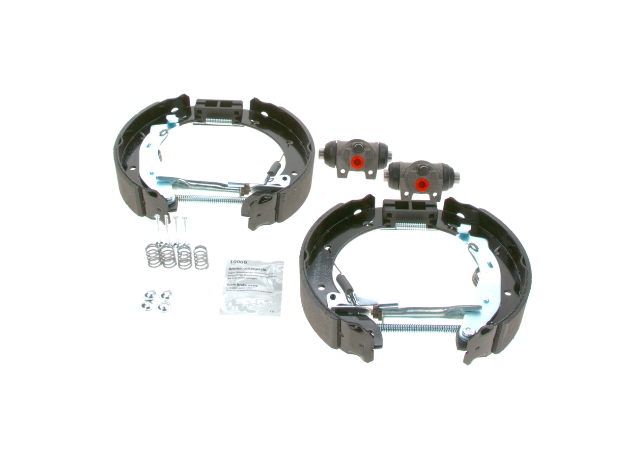 Do koszyka 0204114556 Bosch Klocki hamulcowe tylne bębnowe, kompletne z cylindrami, zestaw