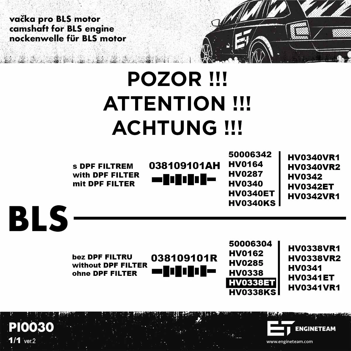 Wał rozrządu silnika, zestaw HV0338ET ET Engineteam