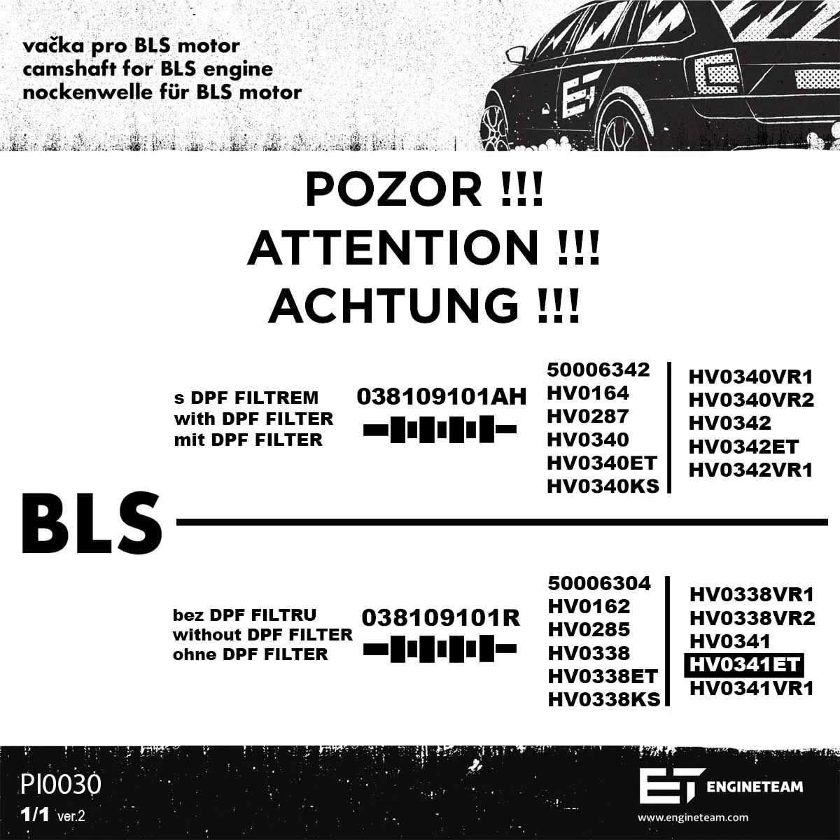 Wał rozrządu silnika, zestaw HV0341ET ET Engineteam