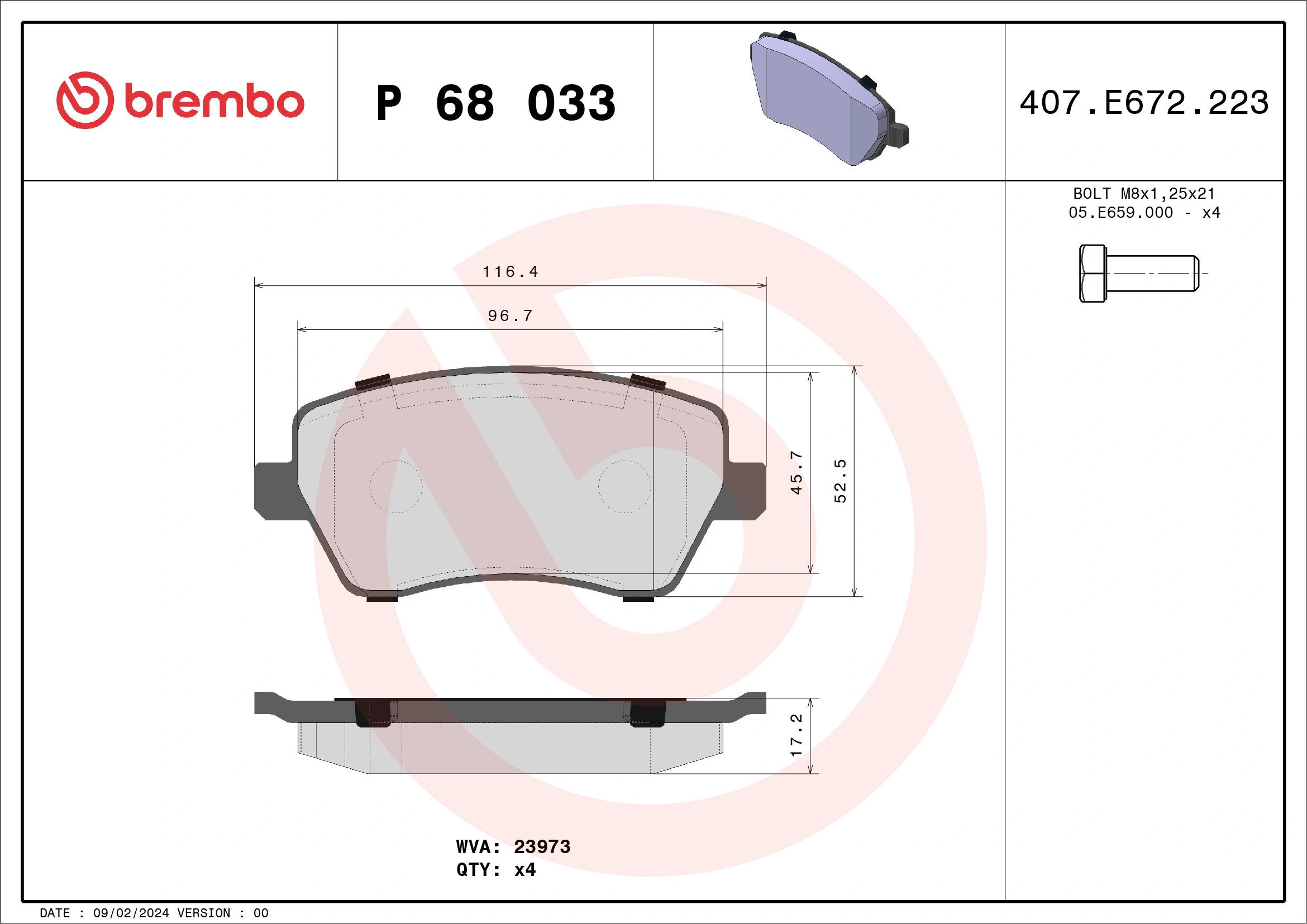 P68033 Brembo klocki hamulcowe przednie tarczowe