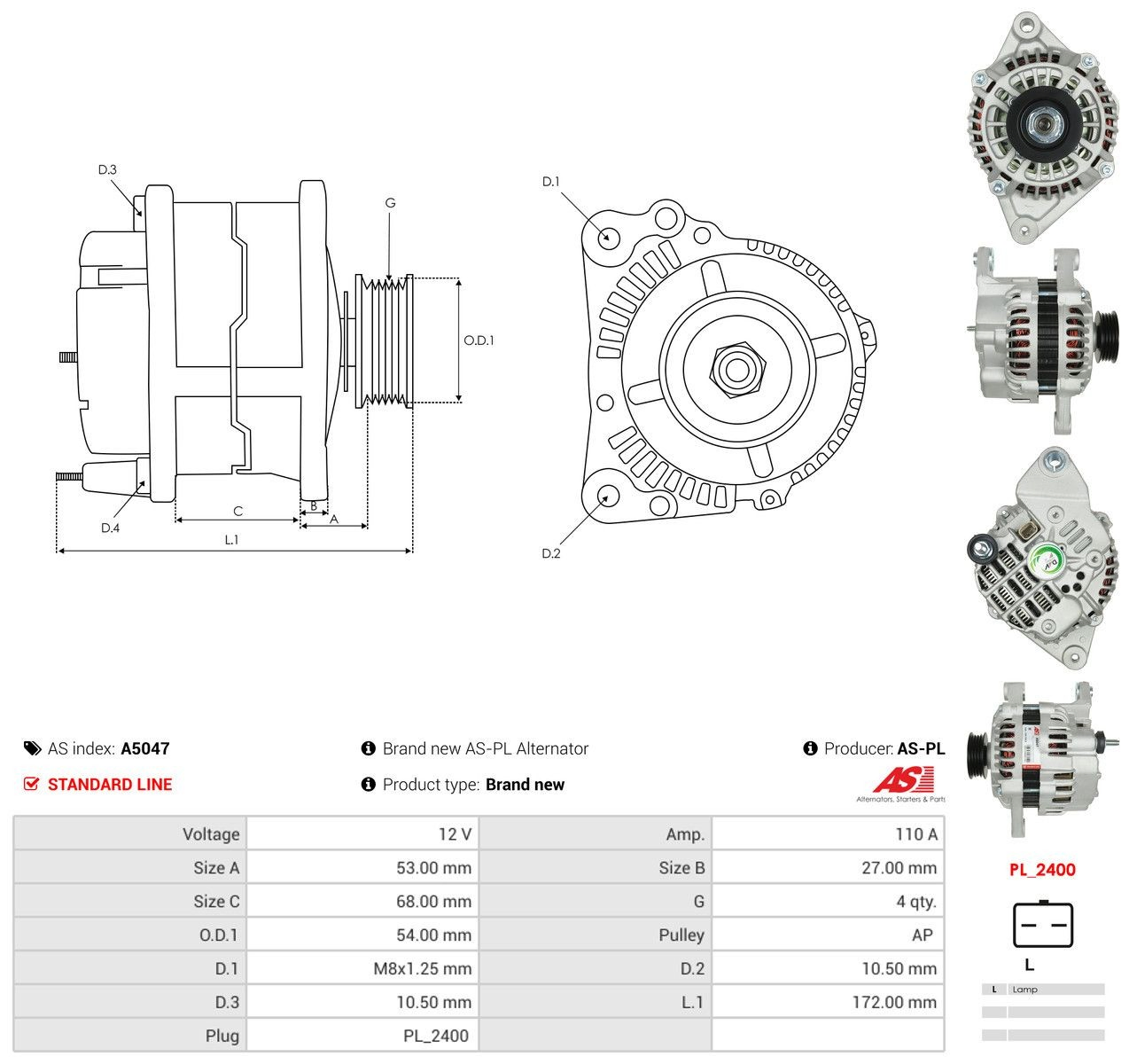Alternator As-pl A5047 cena, od 182,75 USD