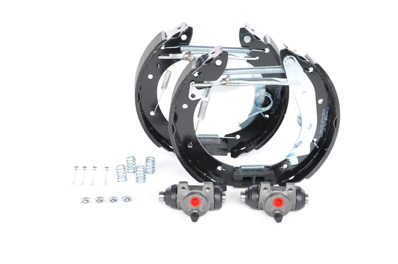 Do koszyka 0204114556 Bosch Klocki hamulcowe tylne bębnowe, kompletne z cylindrami, zestaw