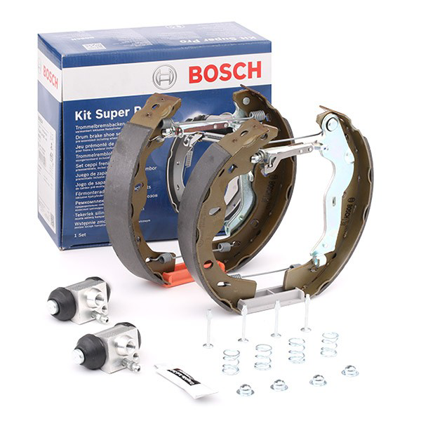 Do koszyka 0204114678 Bosch Klocki hamulcowe tylne bębnowe, kompletne z cylindrami, zestaw