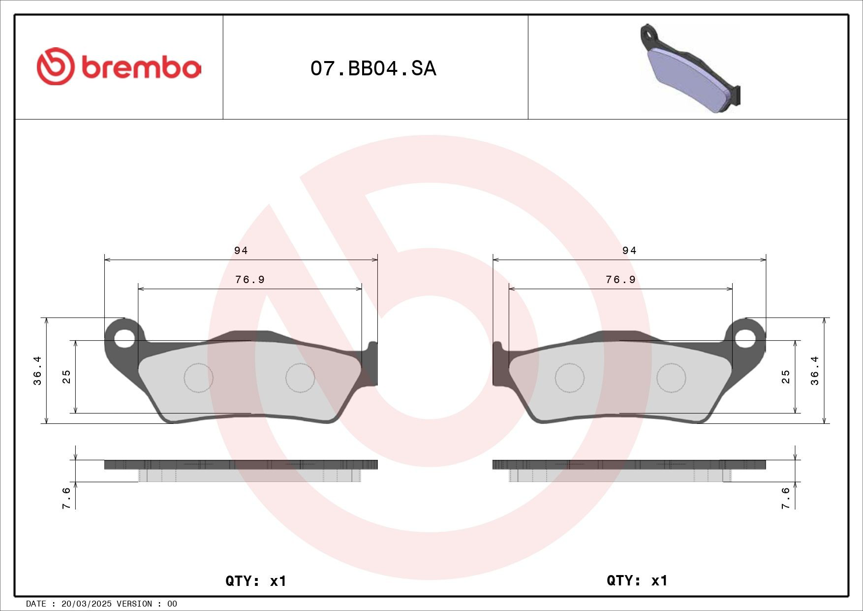 07BB04SA Brembo Okładziny (klocki) do hamulców tarczowych tylne