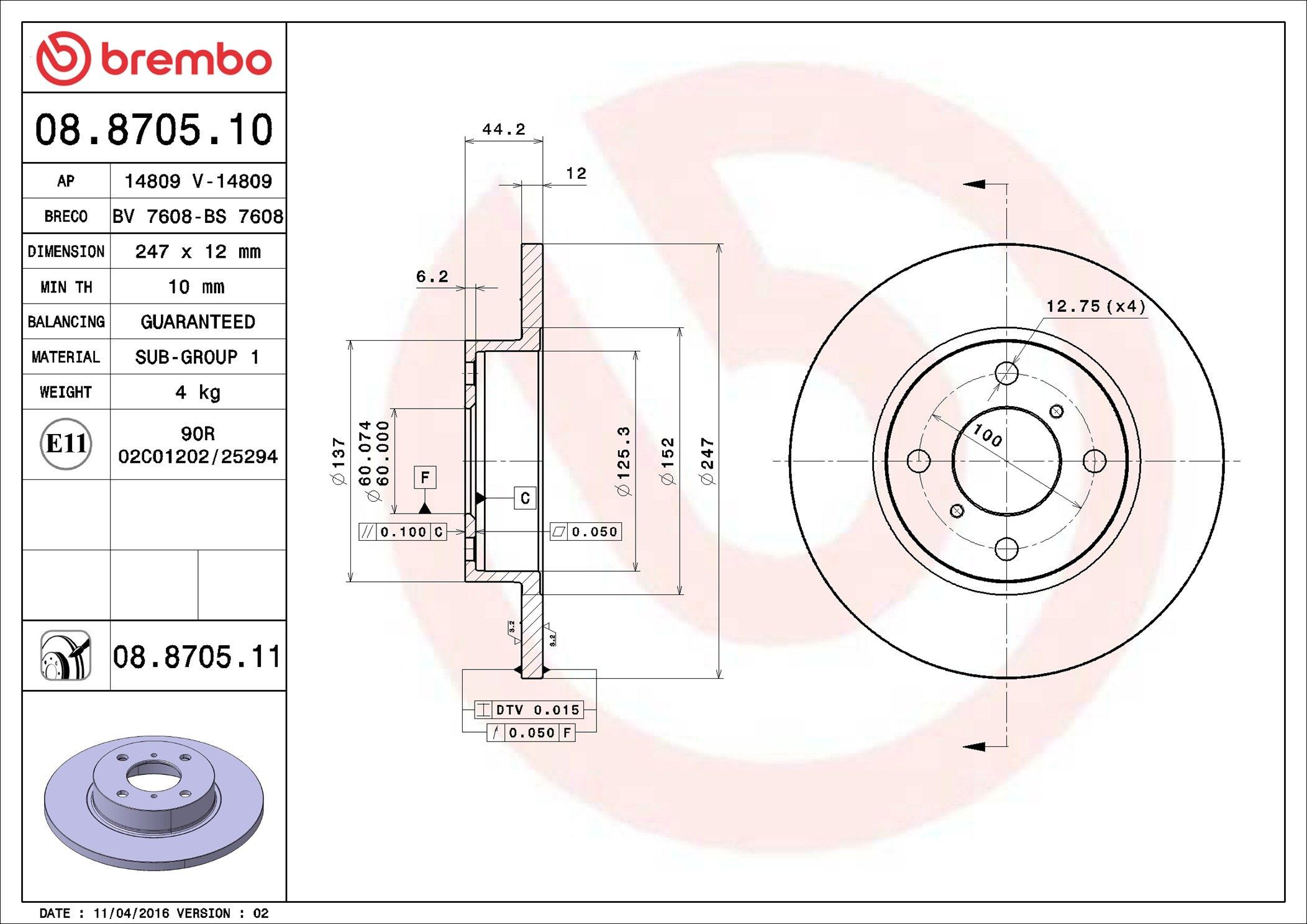 Tarcza hamulcowa przednia Brembo 08870511 cena, od 122,70 zł