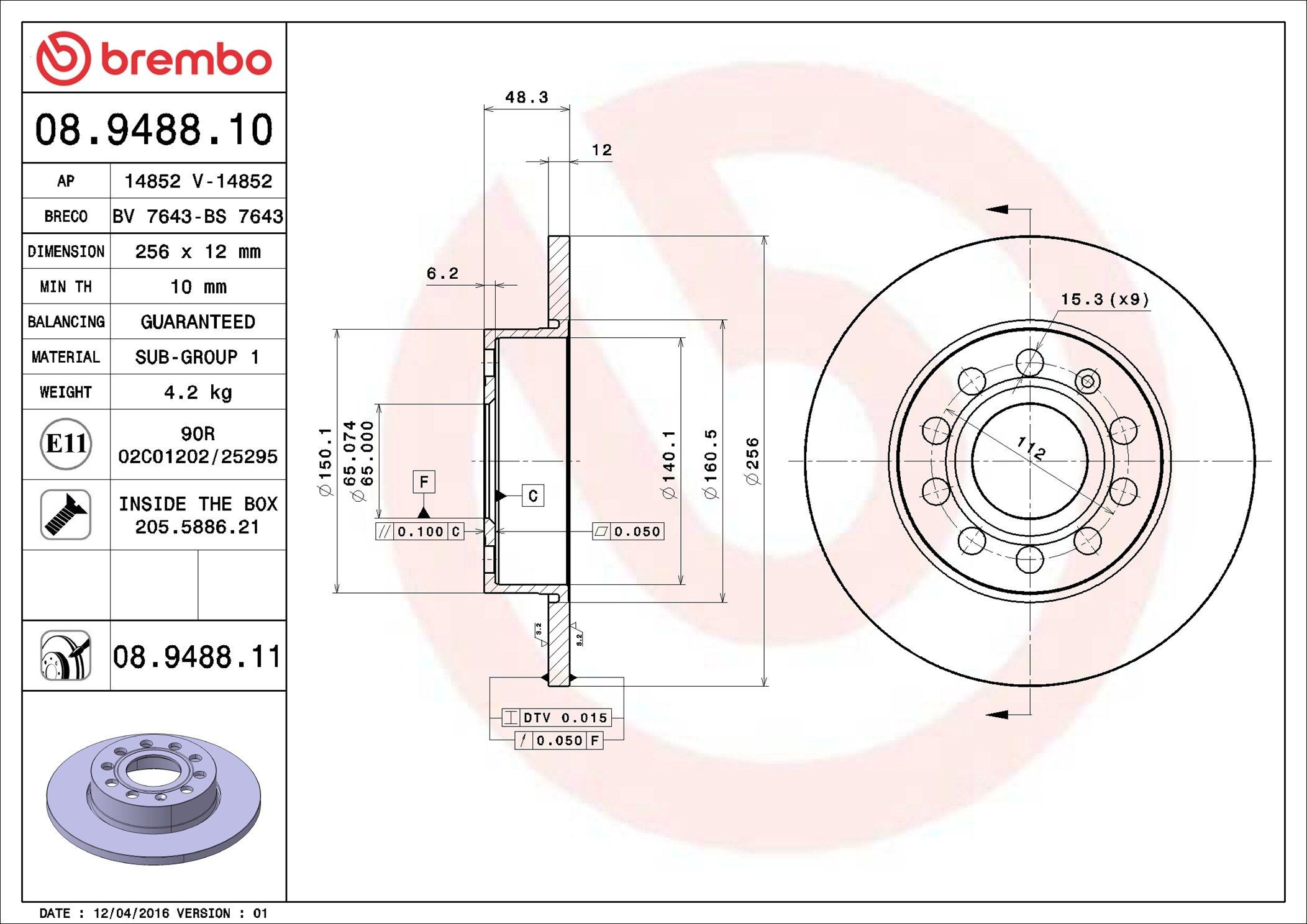 Tarcza hamulcowa tylna 08948811 Brembo