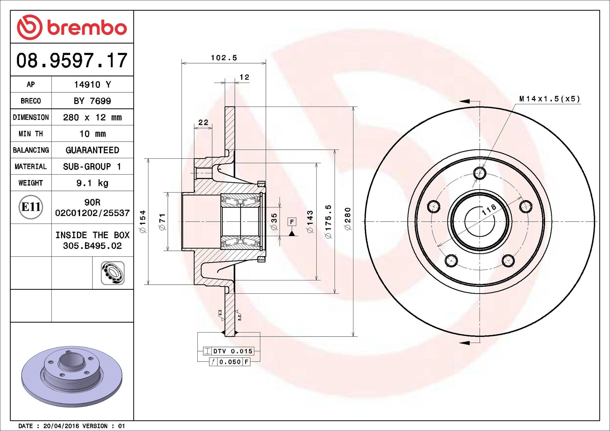 Tarcza hamulcowa tylna Brembo 08959717 cena, od 89,68 USD