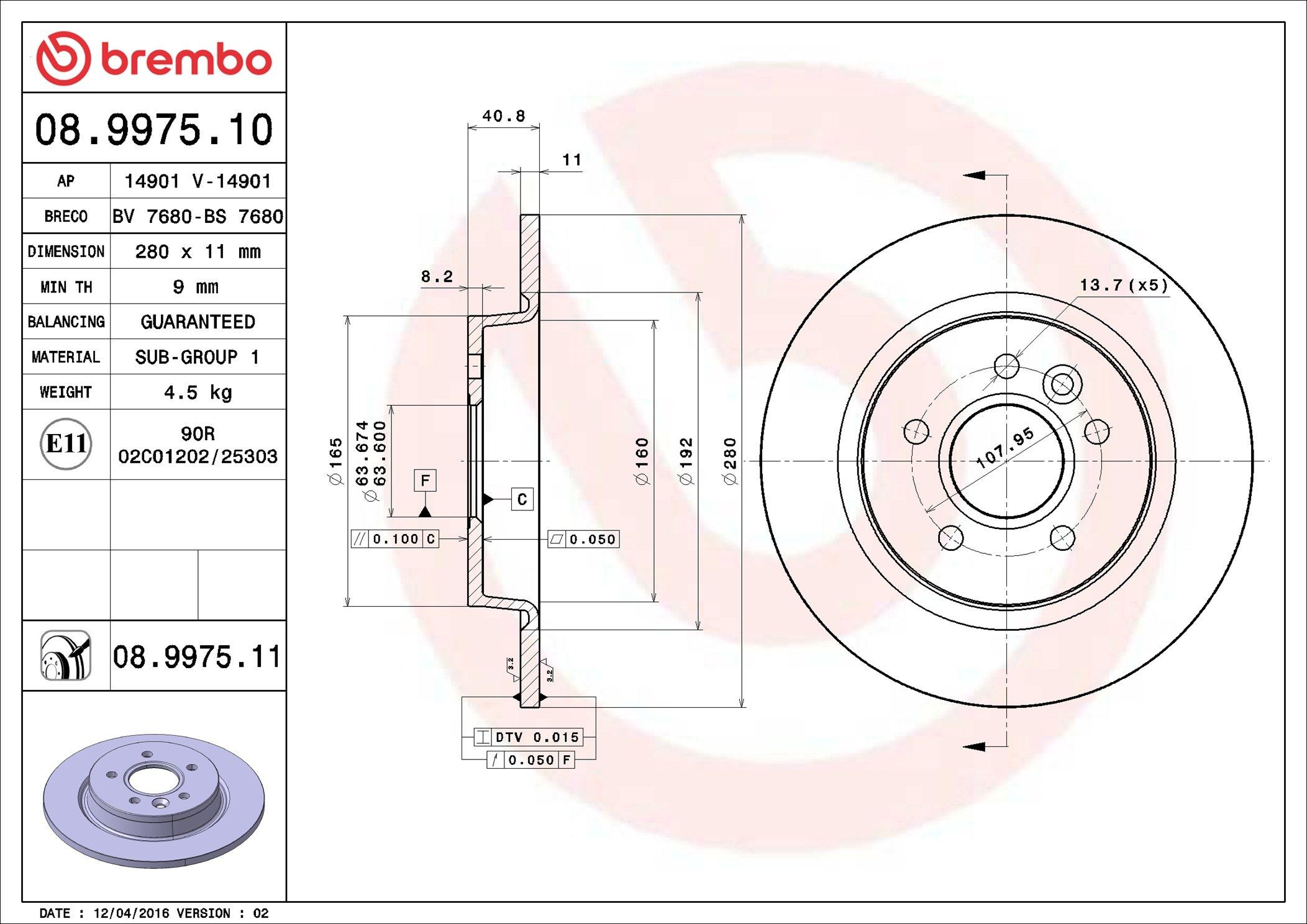 Tarcza hamulcowa tylna 08997511 Brembo