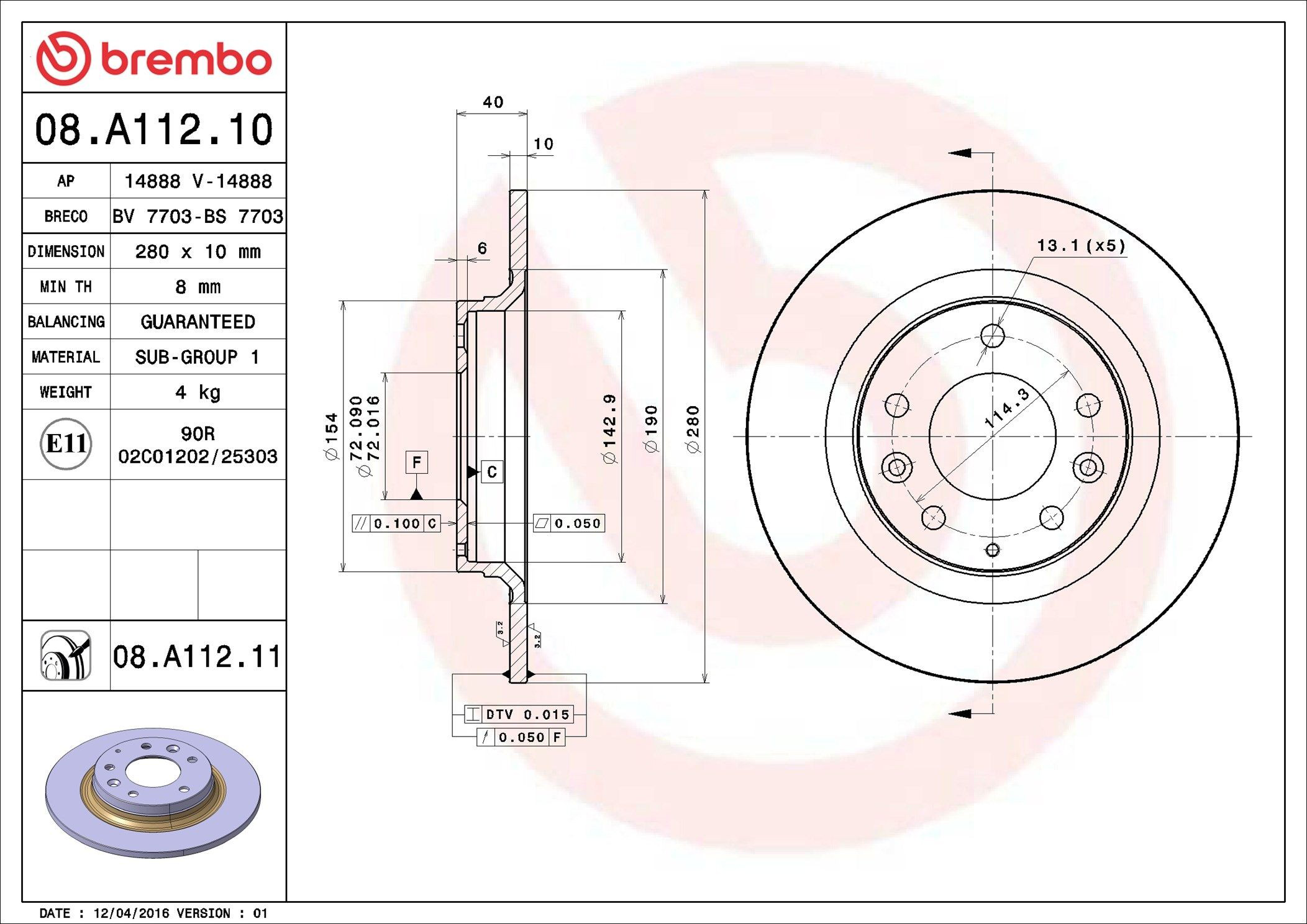 Tarcza hamulcowa tylna 08A11211 Brembo