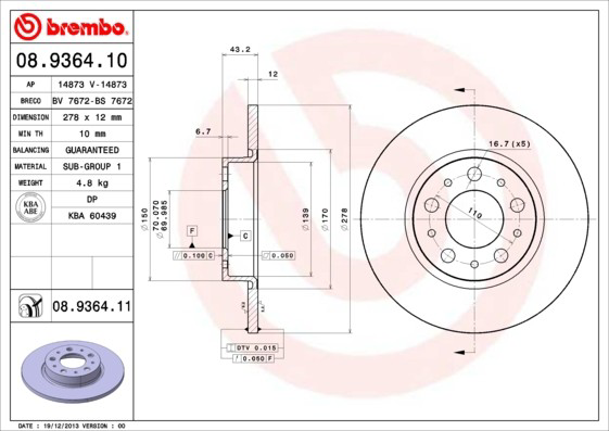 08A11211 Brembo Tarcza hamulcowa tylna