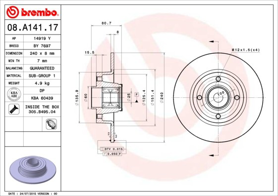 Do koszyka 08A14117 Brembo Tarcza hamulcowa tylna
