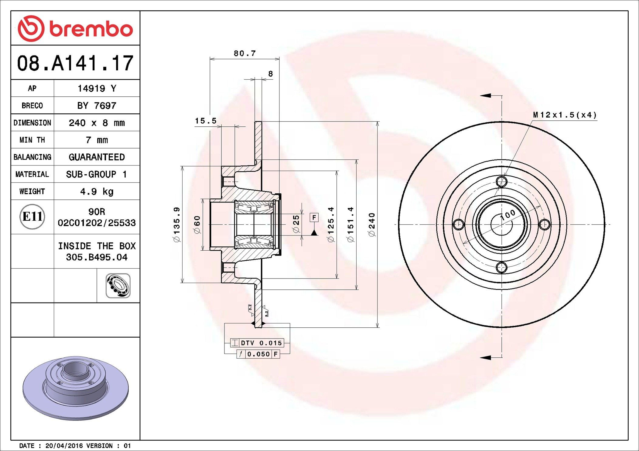 Tarcza hamulcowa tylna Brembo 08A14117 cena, od 46,01 USD