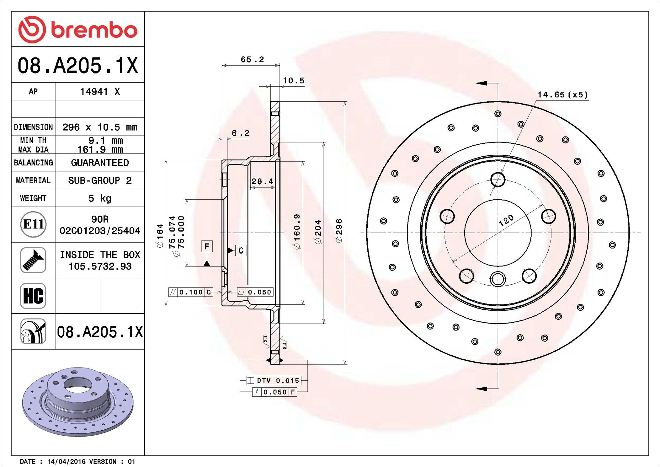 Tarcza hamulcowa tylna Brembo 08A2051X cena, od 45,42 USD
