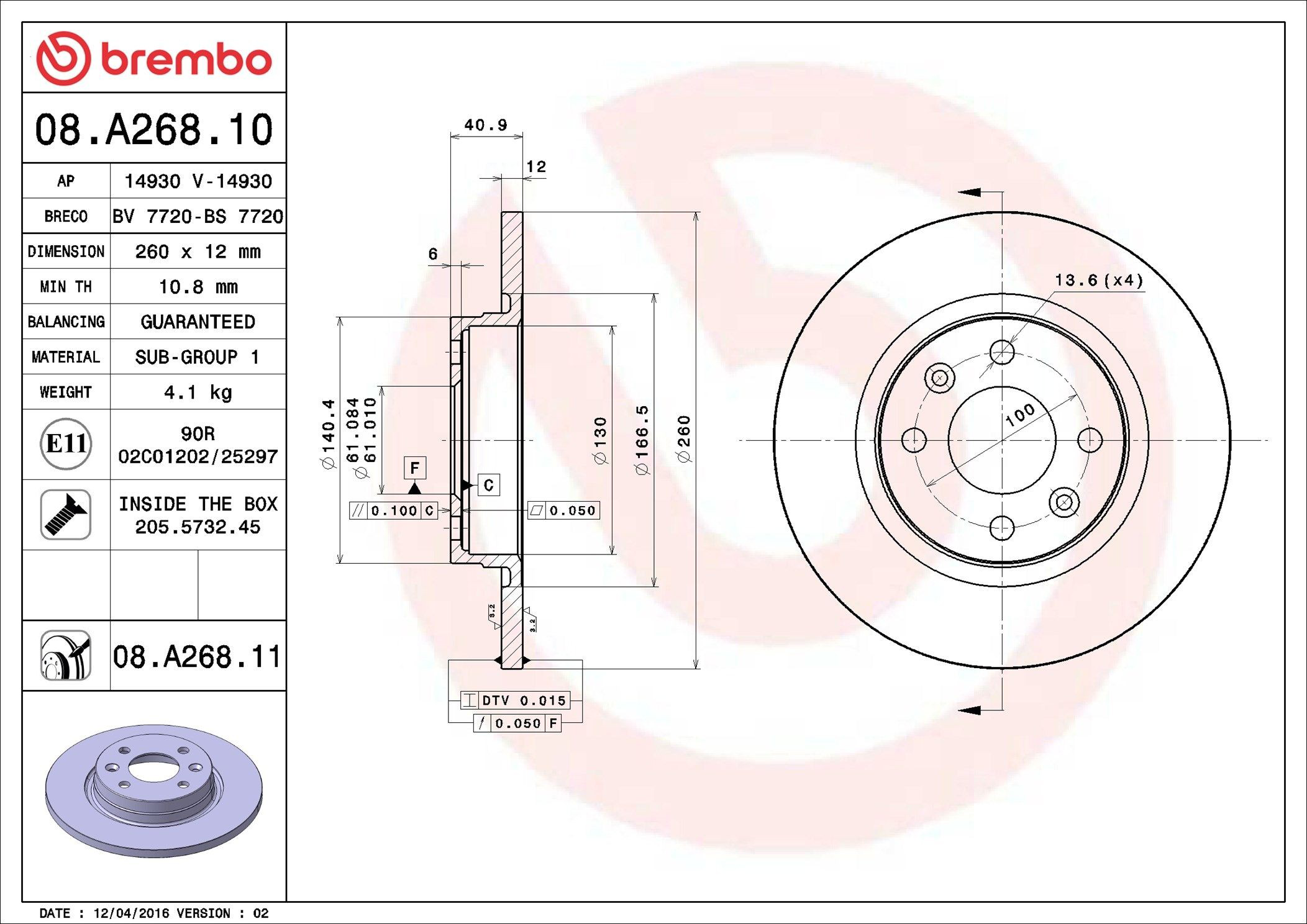 Tarcza hamulcowa przednia Brembo 08A26810 cena, od 29,63 USD