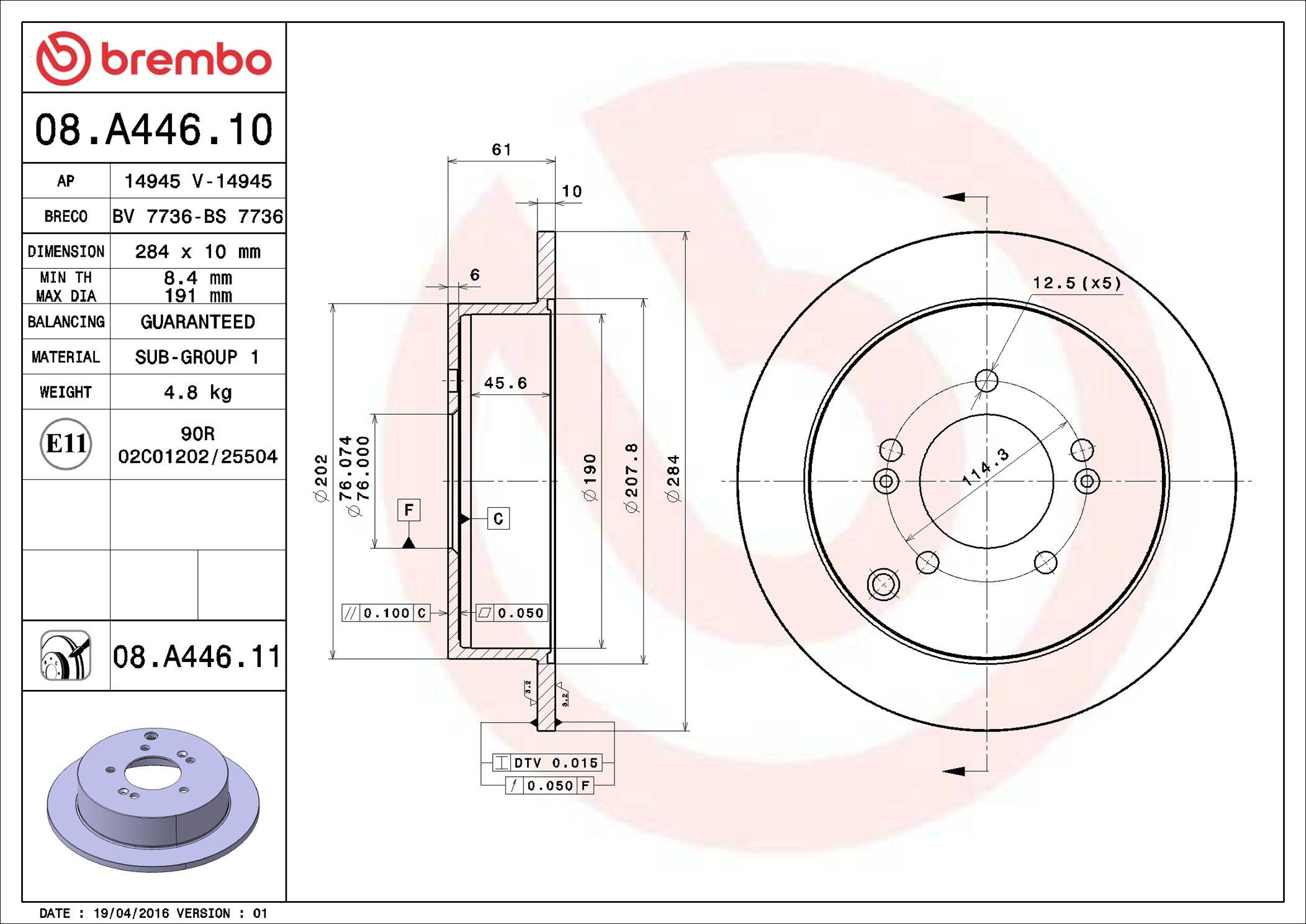 Do koszyka 08A44610 Brembo Tarcza hamulcowa tylna