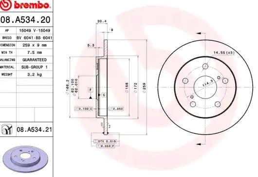 Do koszyka 08A53421 Brembo Tarcza hamulcowa tylna