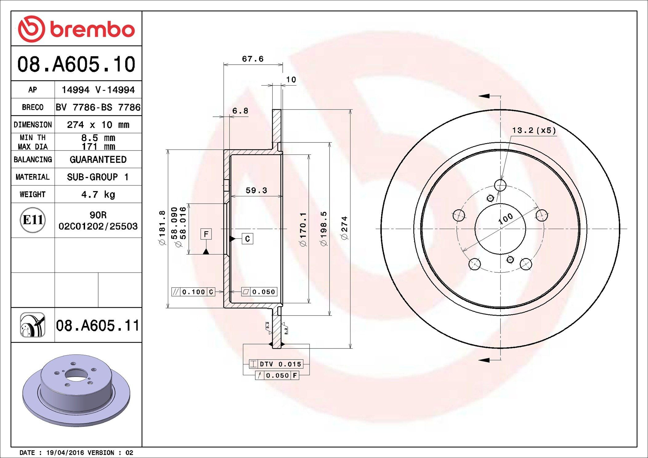 Do koszyka 08A60511 Brembo Tarcza hamulcowa tylna