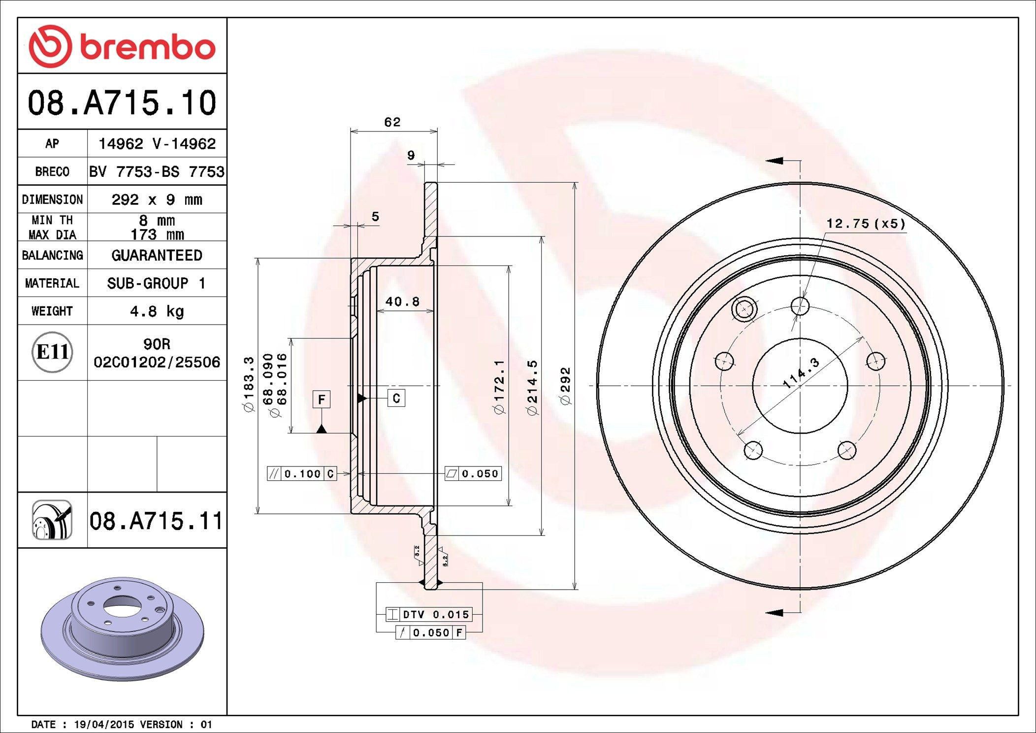 Tarcza hamulcowa tylna 08A71511 Brembo