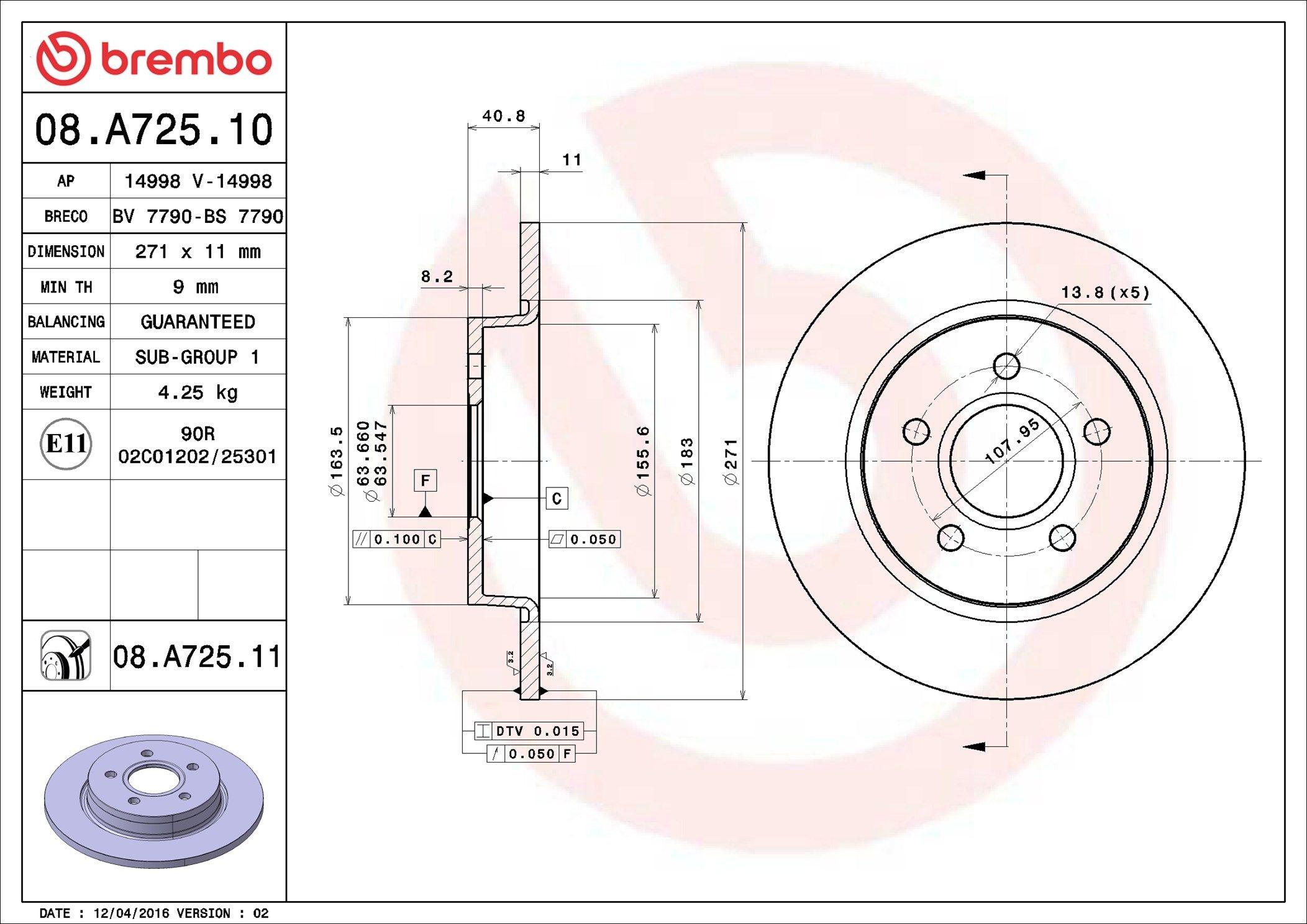 08A72511 Brembo Tarcza hamulcowa tylna