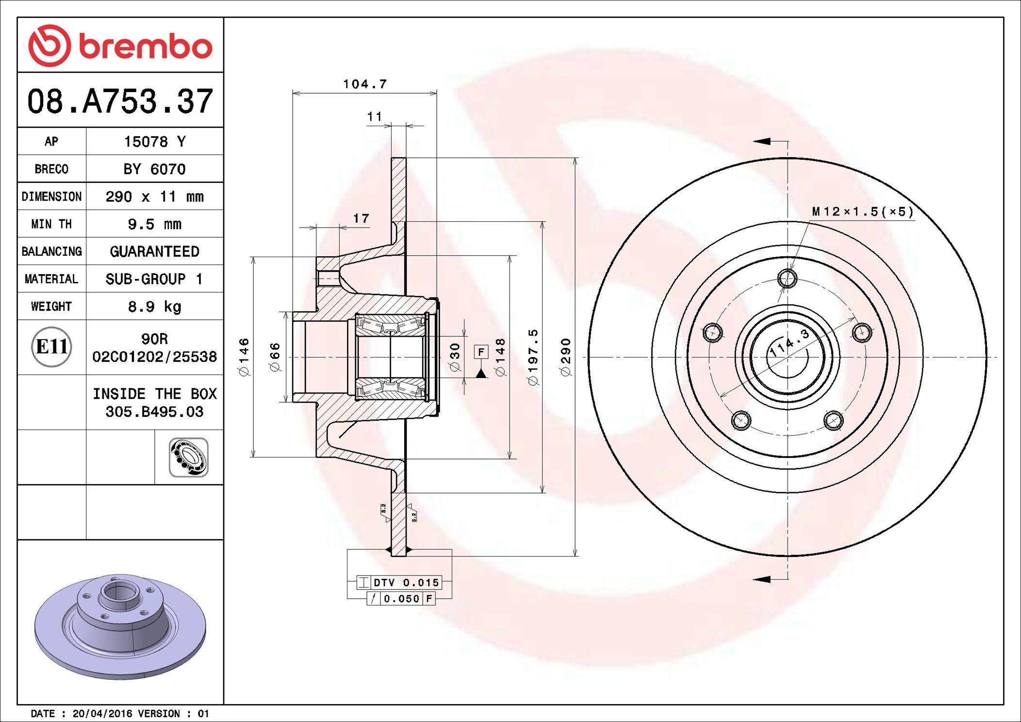 Do koszyka 08A75337 Brembo Tarcza hamulcowa tylna