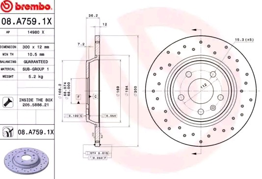 Tarcza hamulcowa tylna Brembo 08A7591X cena, od 42,89 USD