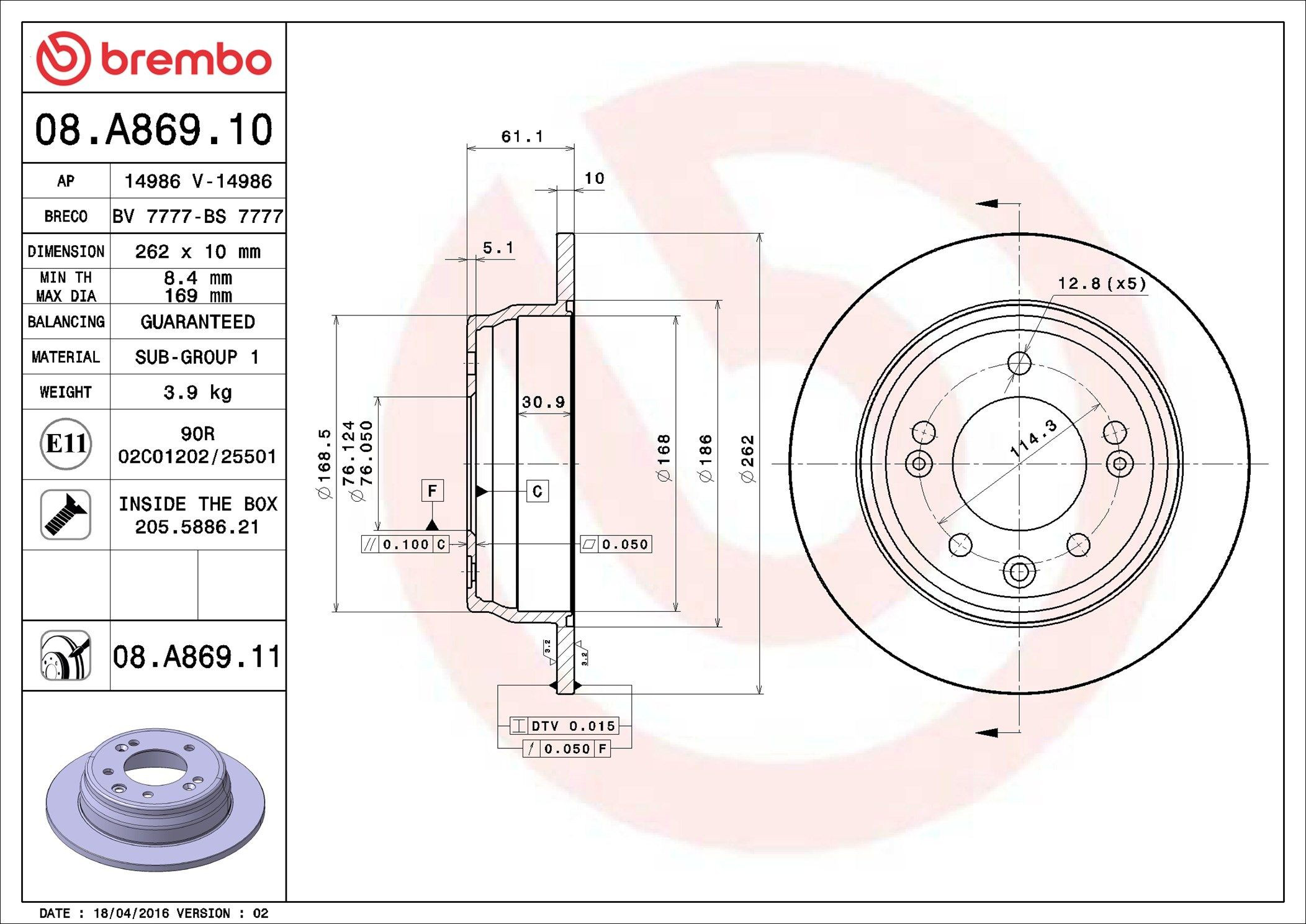 Do koszyka 08A86910 Brembo Tarcza hamulcowa tylna