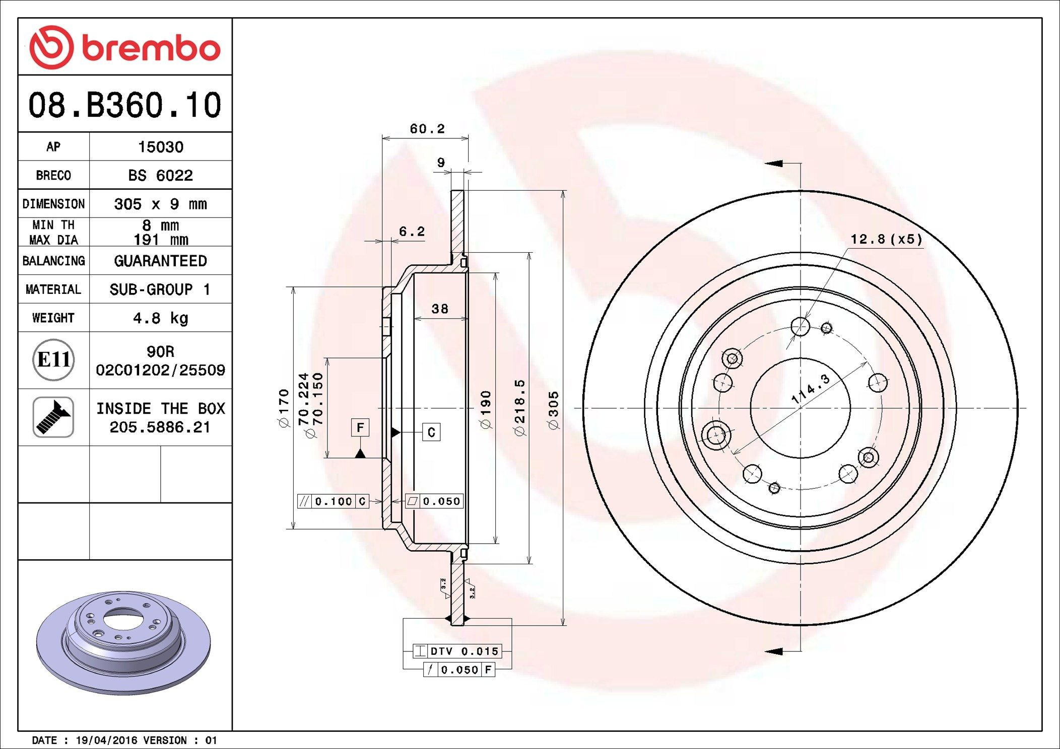 Tarcza hamulcowa tylna 08B36010 Brembo