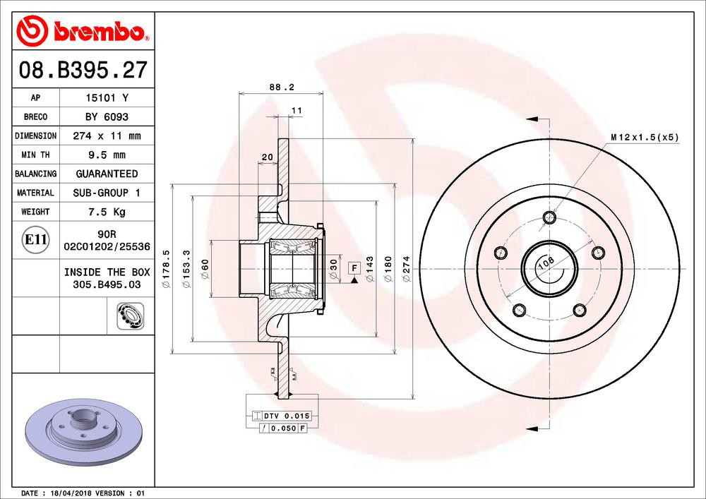 Do koszyka 08B39527 Brembo Tarcza hamulcowa tylna