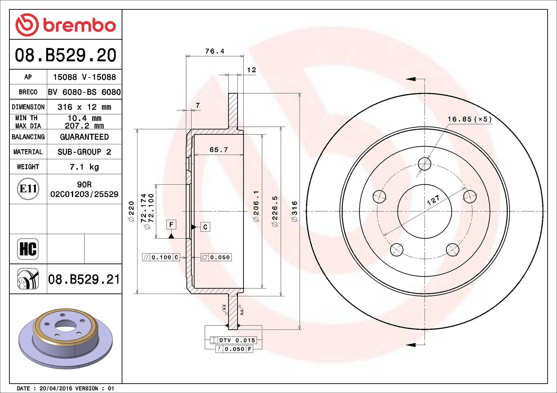 Tarcza hamulcowa tylna Brembo 08B52921 cena, od 70,54 USD