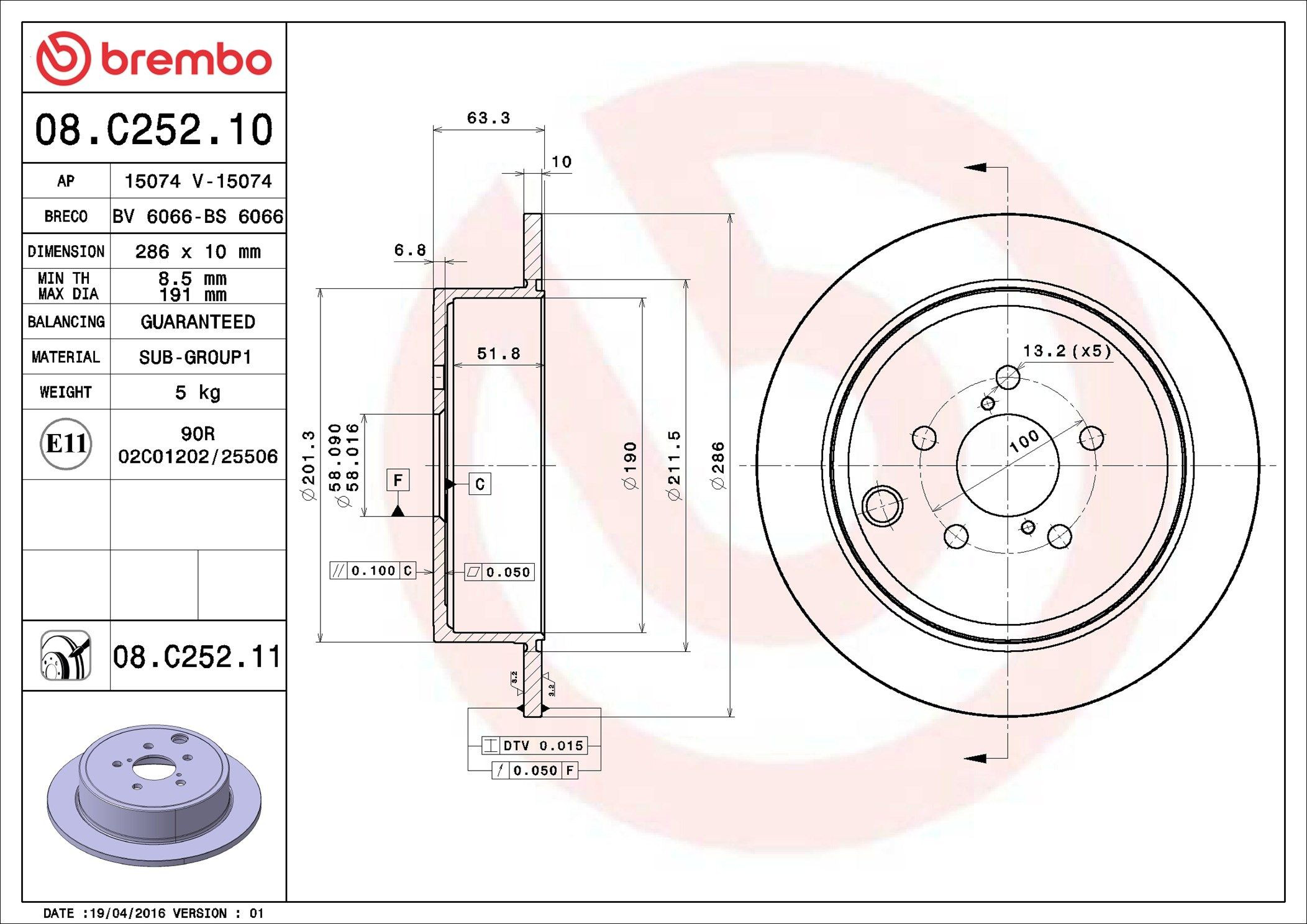Tarcza hamulcowa tylna Brembo 08C25211 cena, od 49,28 USD