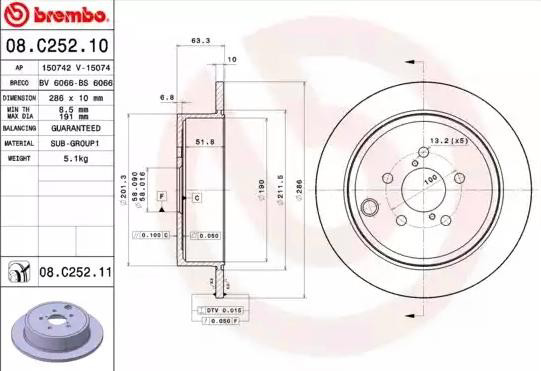 Tarcza hamulcowa tylna Brembo 08C25211 cena, od 49,28 USD