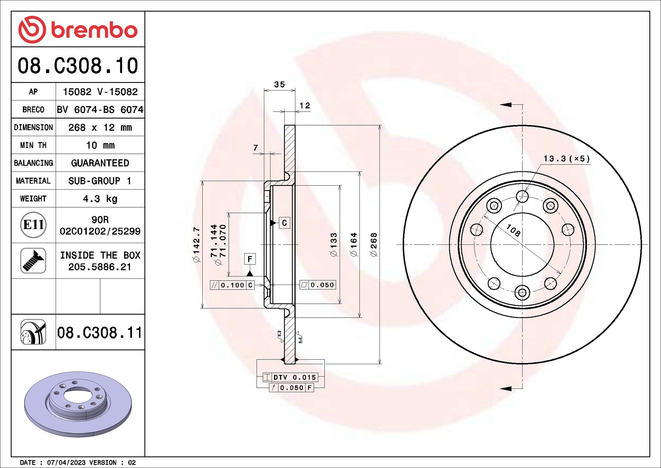 Tarcza hamulcowa tylna 08C30811 Brembo