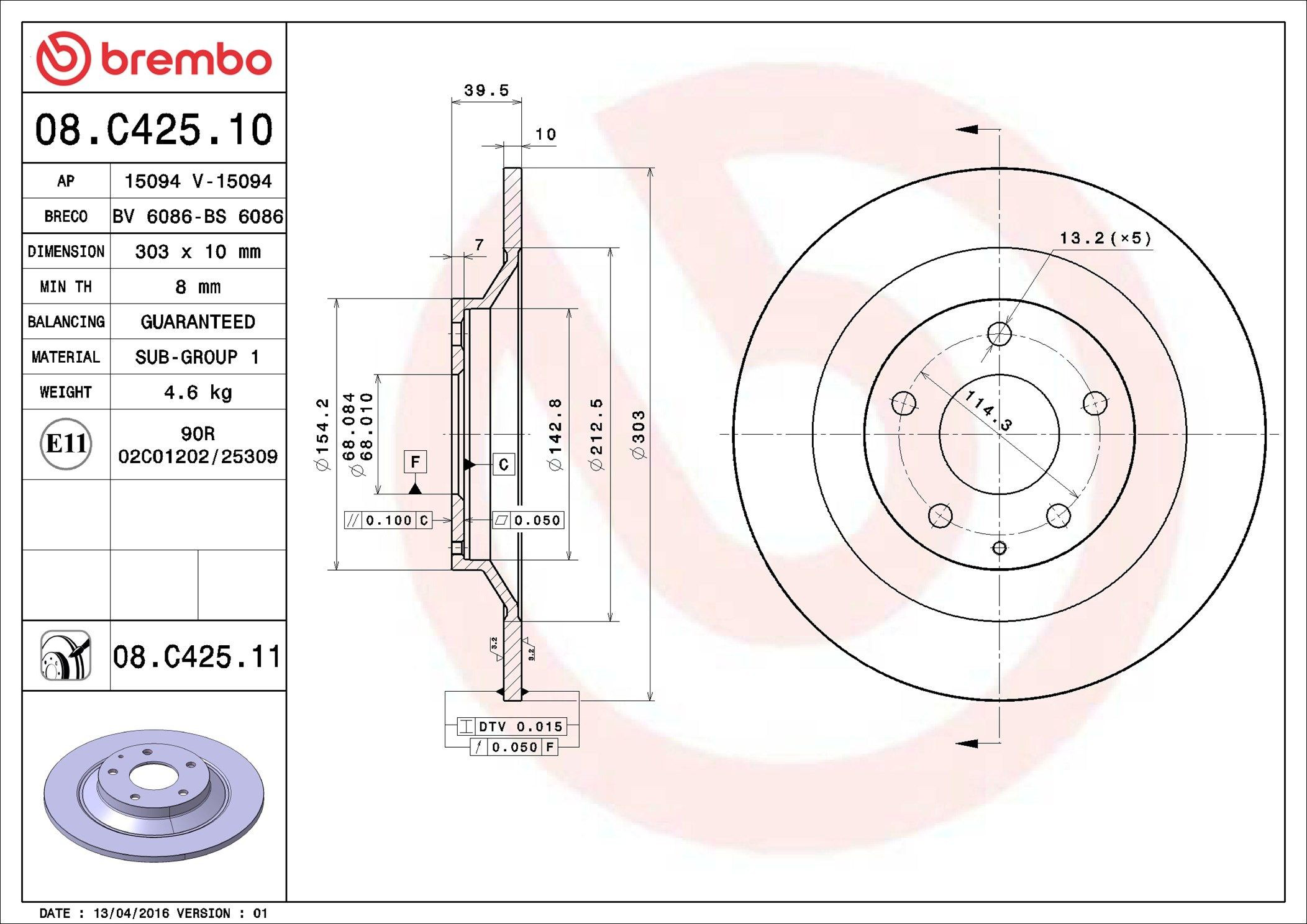 08C42511 Brembo Tarcza hamulcowa tylna