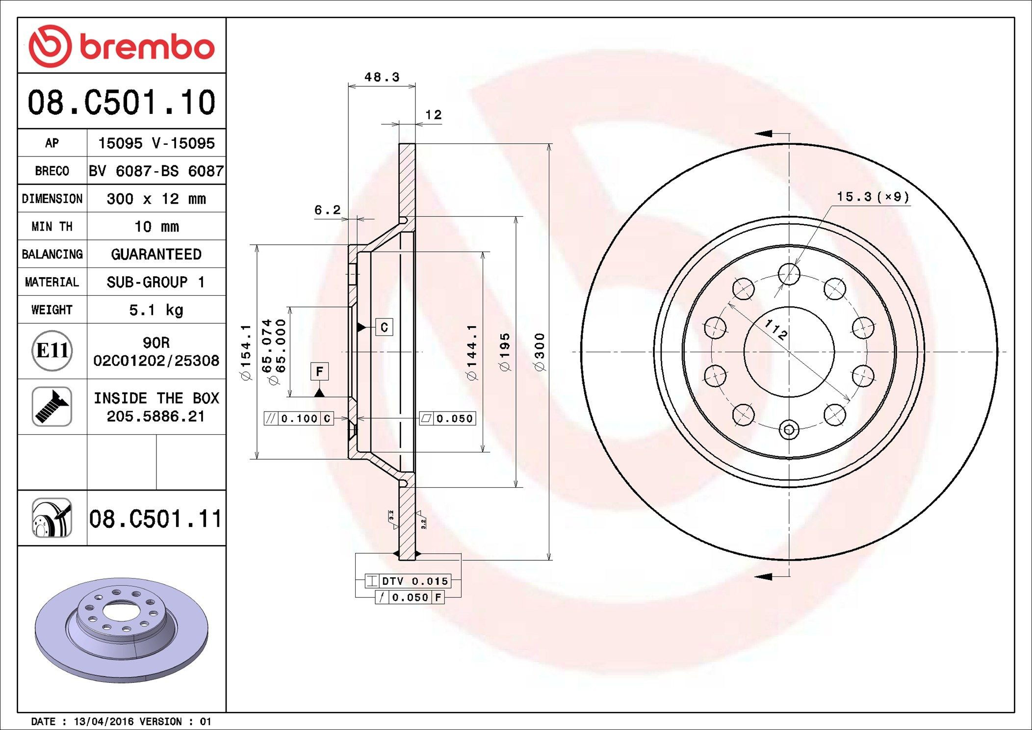 Do koszyka 08C50111 Brembo Tarcza hamulcowa tylna