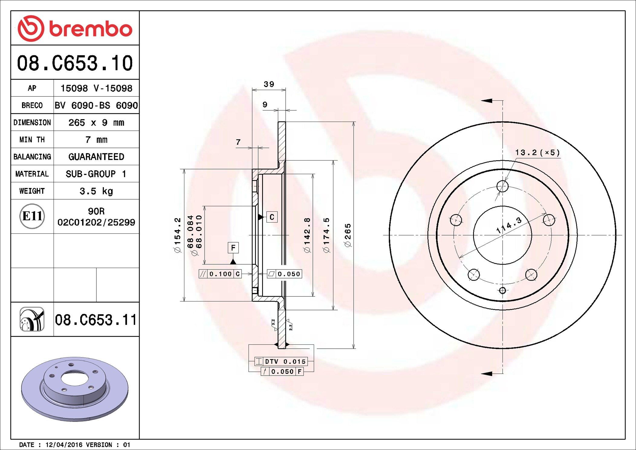 Do koszyka 08C65311 Brembo Tarcza hamulcowa tylna
