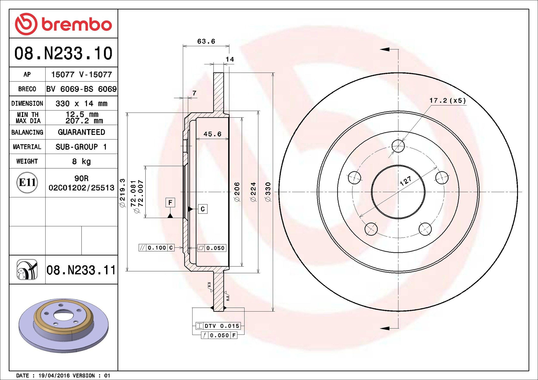 Tarcza hamulcowa tylna Brembo 08N23311 cena, od 83,23 USD