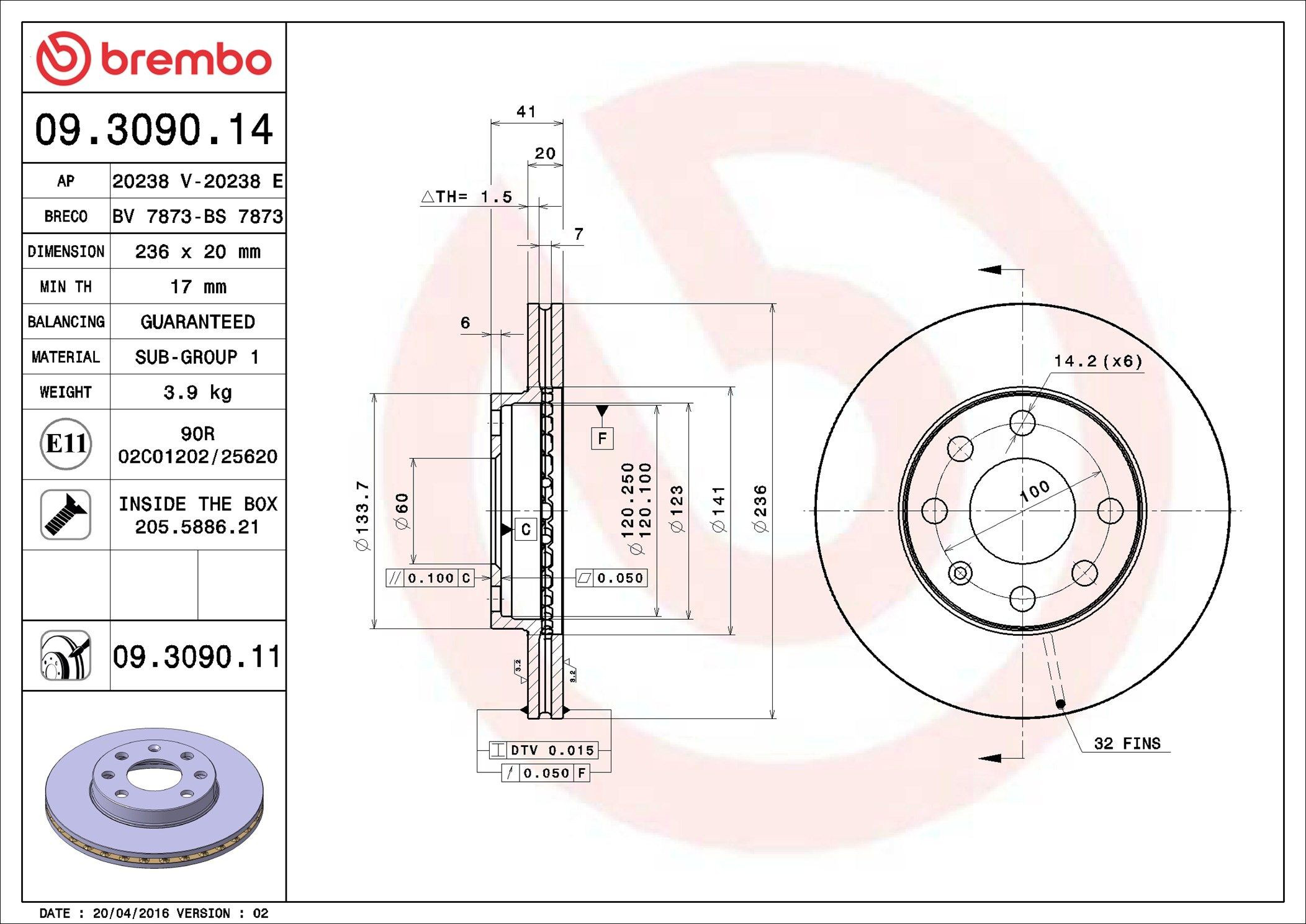 Tarcza hamulcowa przednia Brembo 09309011 cena, od 27,02 USD