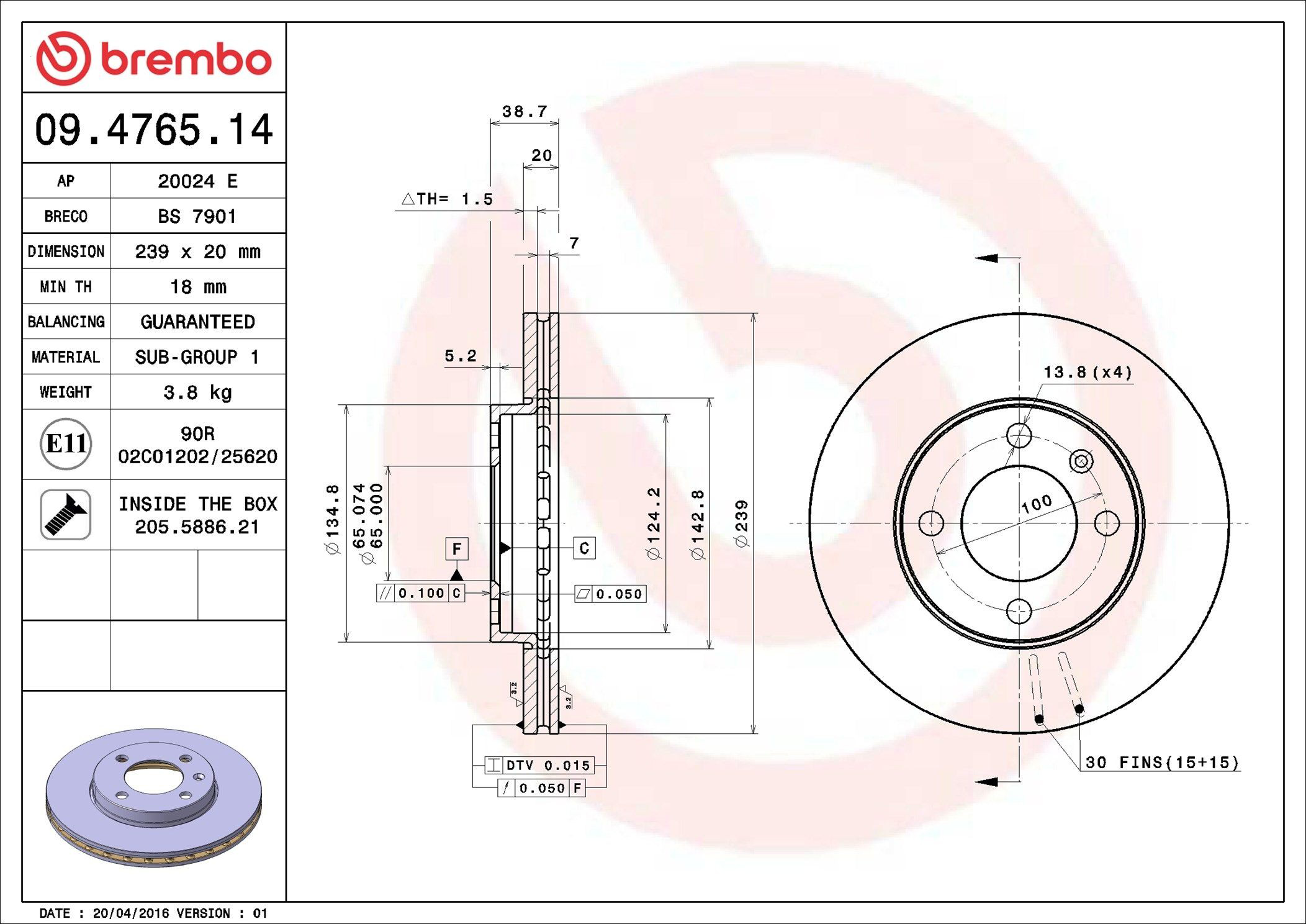 Tarcza hamulcowa przednia 09476514 Brembo