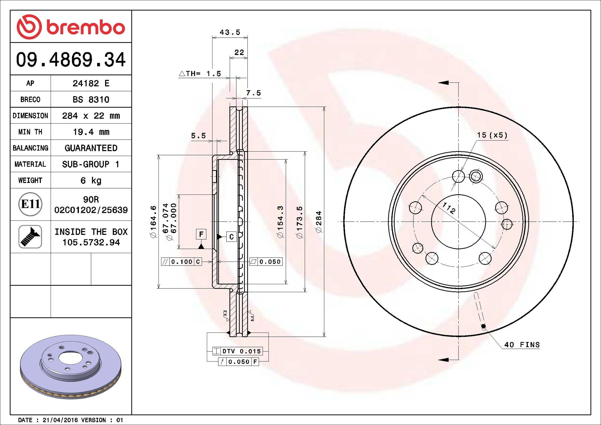 Do koszyka 09486934 Brembo Tarcza hamulcowa przednia