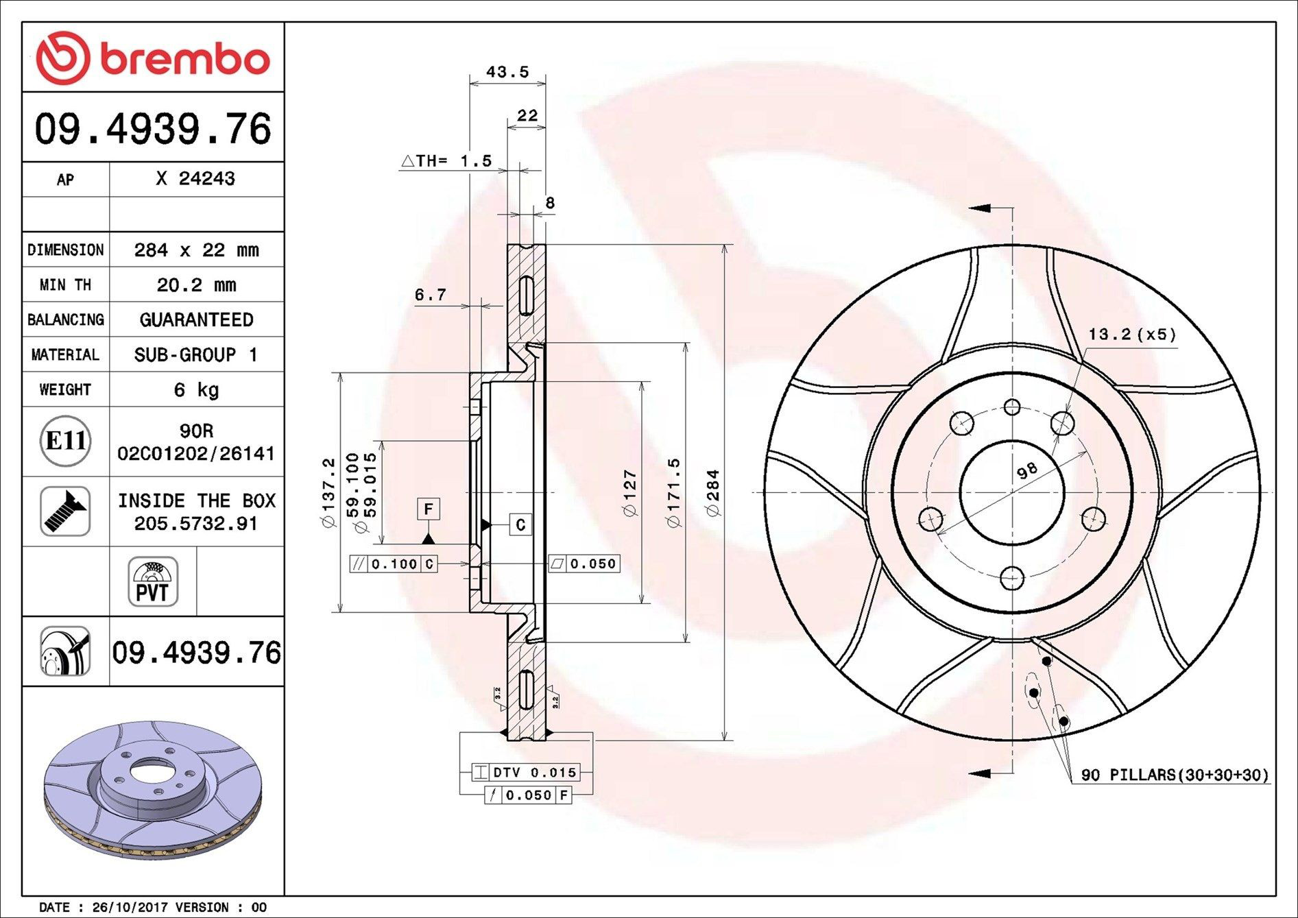 Tarcza hamulcowa przednia Brembo 09493976 cena, od 45,09 USD