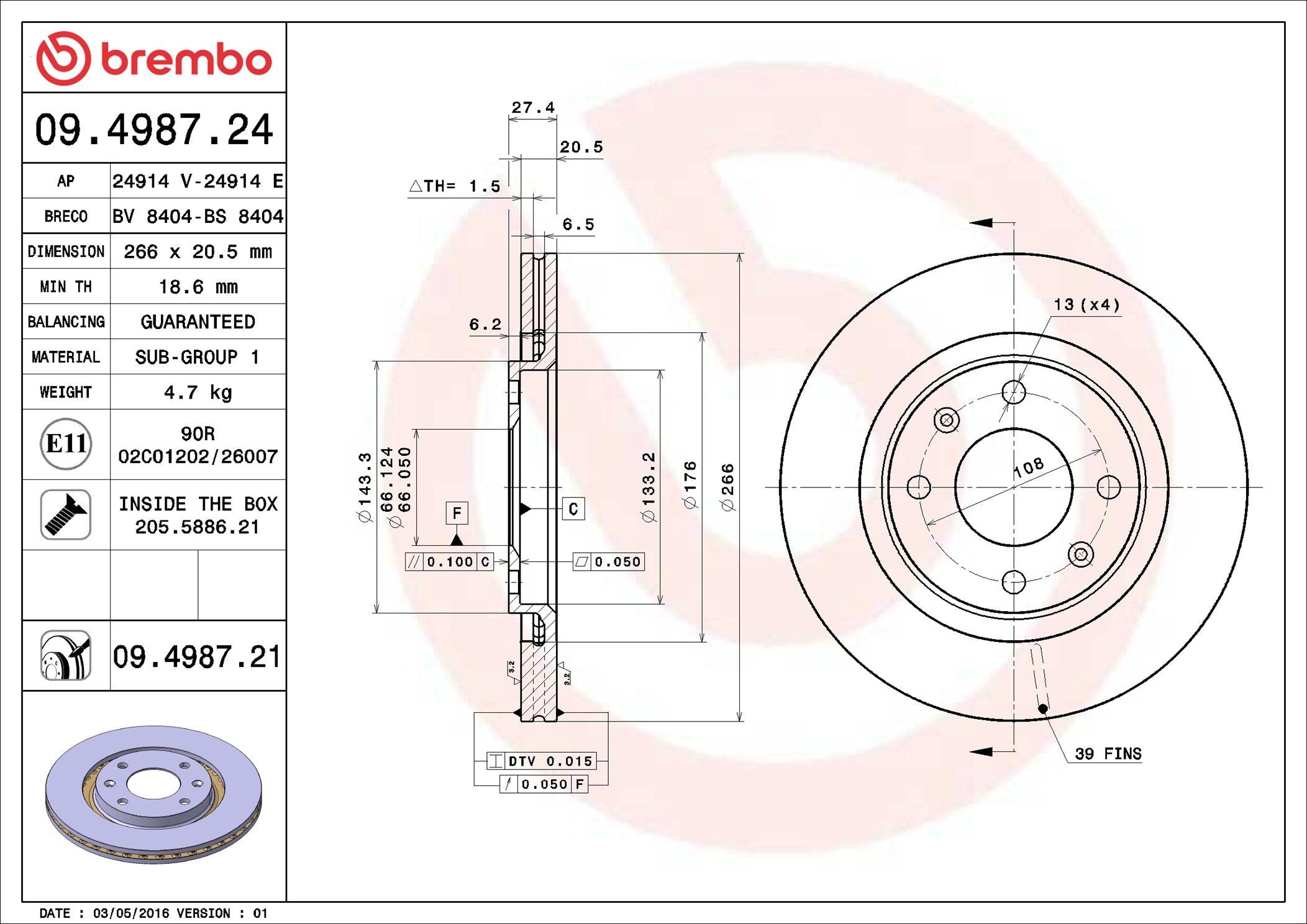 Tarcza hamulcowa przednia Brembo 09498721 cena, od 32,12 USD