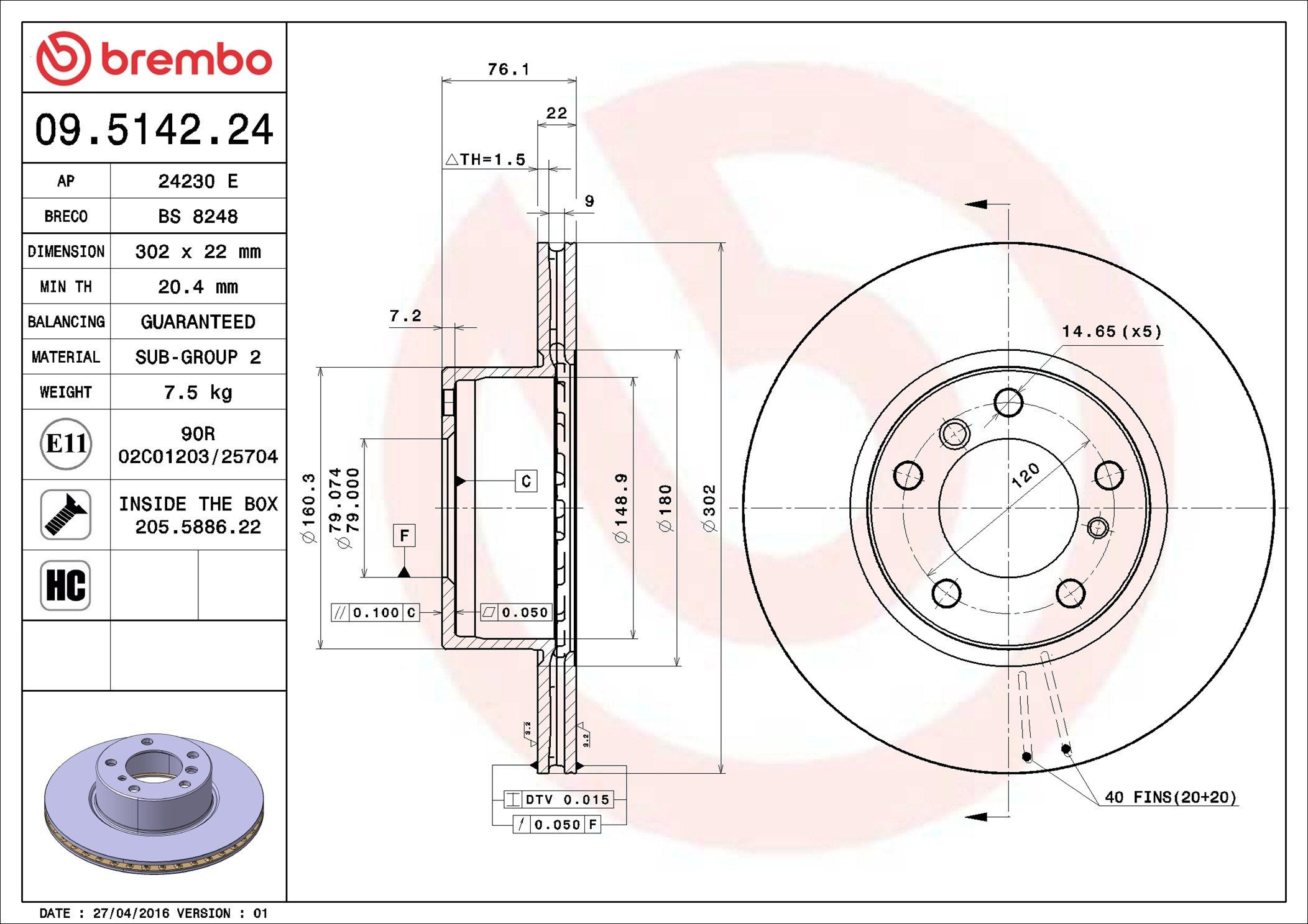 Tarcza hamulcowa przednia Brembo 09514224 cena, od 54,28 USD