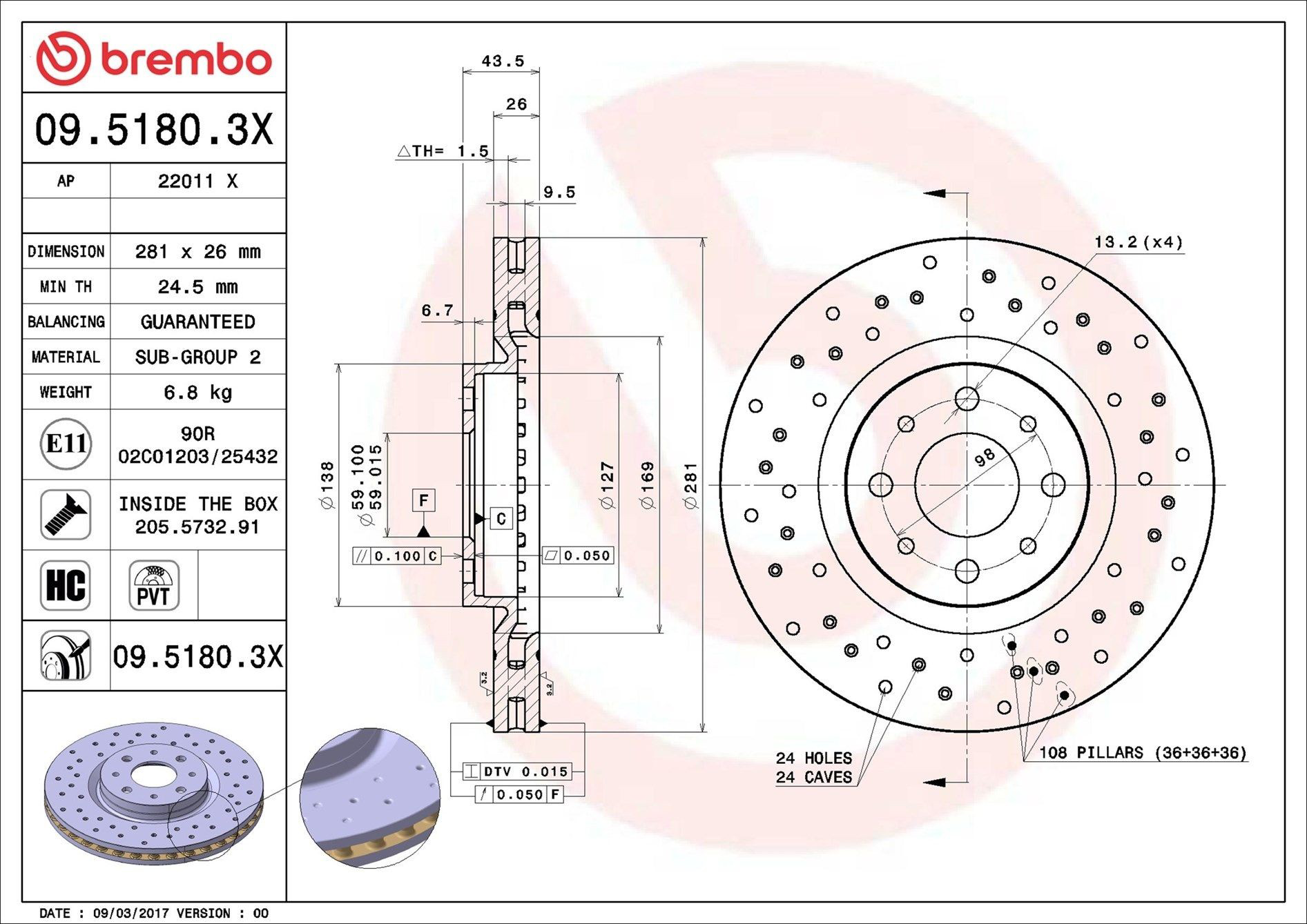 Tarcza hamulcowa przednia Brembo 0951803X cena, od 48,86 USD