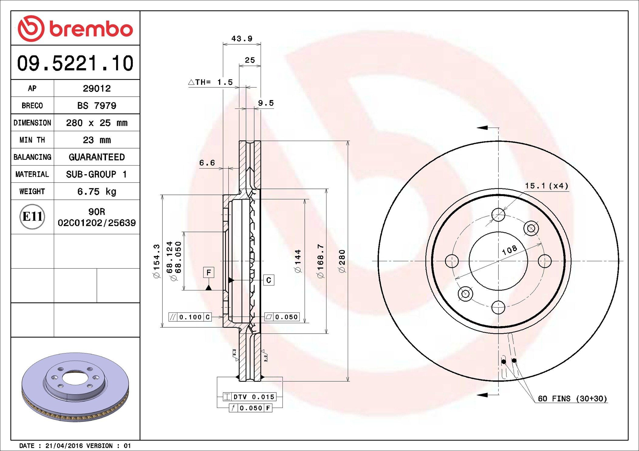Tarcza hamulcowa przednia Brembo 09522110 cena, od 58,96 USD